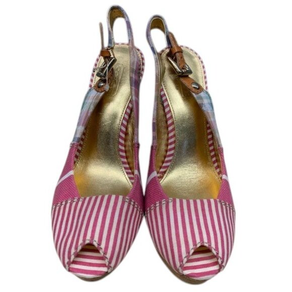 Coach Women’s Plaid Slingback Platform Peep Toe Dress Heels Shoes Size 8B Worn - Picture 1 of 14